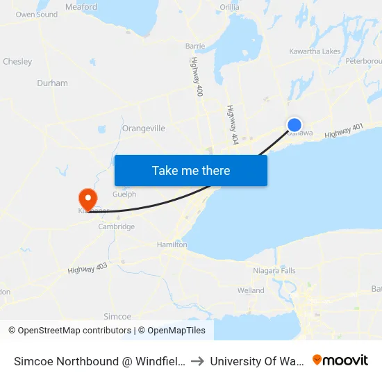 Simcoe Northbound @ Windfields Farm to University Of Waterloo map