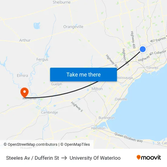 Steeles Av / Dufferin St to University Of Waterloo map