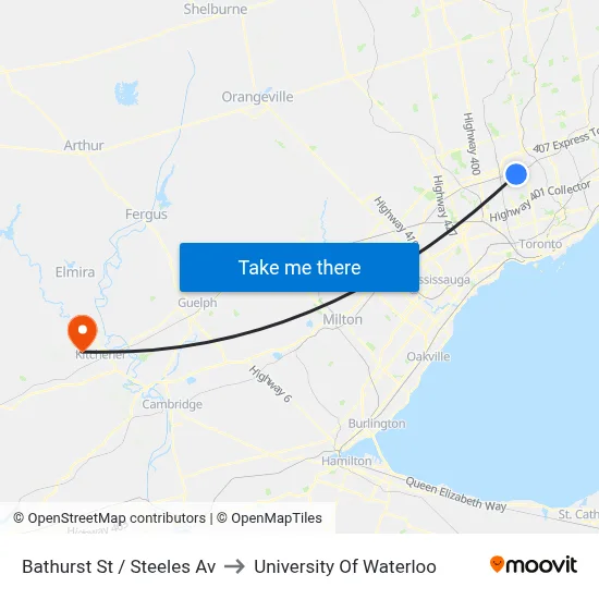Bathurst St / Steeles Av to University Of Waterloo map