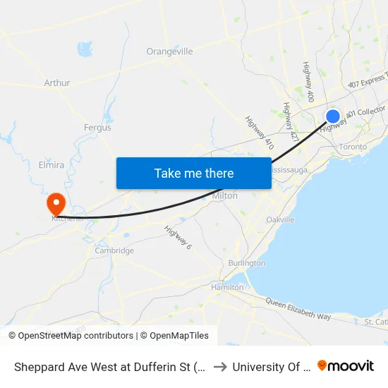 Sheppard Ave West at Dufferin St (Downsview Station) to University Of Waterloo map