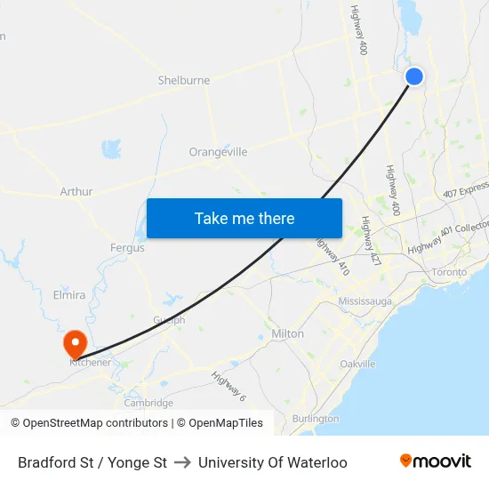 Bradford St / Yonge St to University Of Waterloo map
