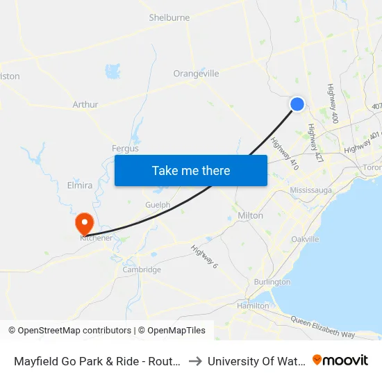 Mayfield Go Park & Ride - Route 41 Nb to University Of Waterloo map