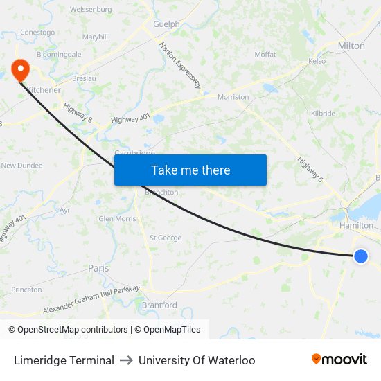 Limeridge Terminal to University Of Waterloo map