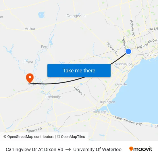 Carlingview Dr At Dixon Rd to University Of Waterloo map