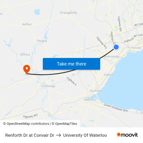 Renforth Dr at Convair Dr to University Of Waterloo map