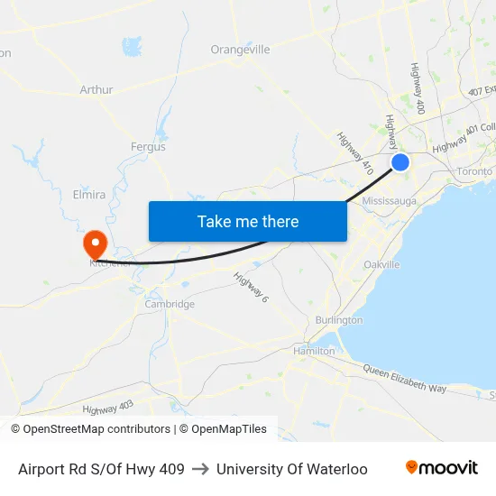 Airport Rd S/Of Hwy 409 to University Of Waterloo map