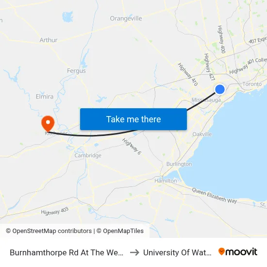 Burnhamthorpe Rd At The West Mall to University Of Waterloo map