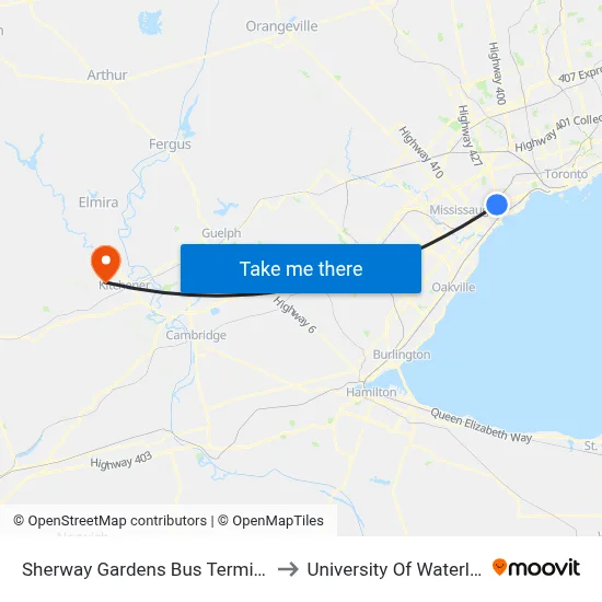 Sherway Gardens Bus Terminal to University Of Waterloo map