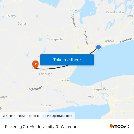 Pickering,On to University Of Waterloo map