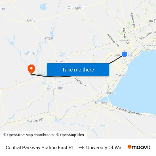 Central Parkway Station East Platform A to University Of Waterloo map