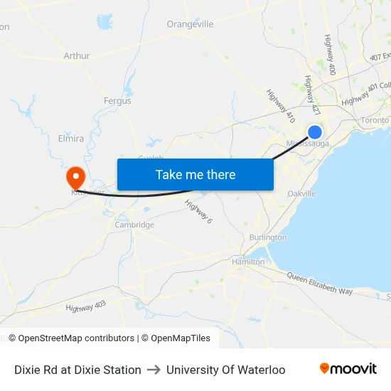 Dixie Rd at Dixie Station to University Of Waterloo map