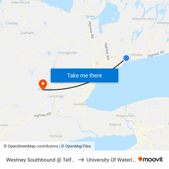 Westney Southbound @ Telford to University Of Waterloo map