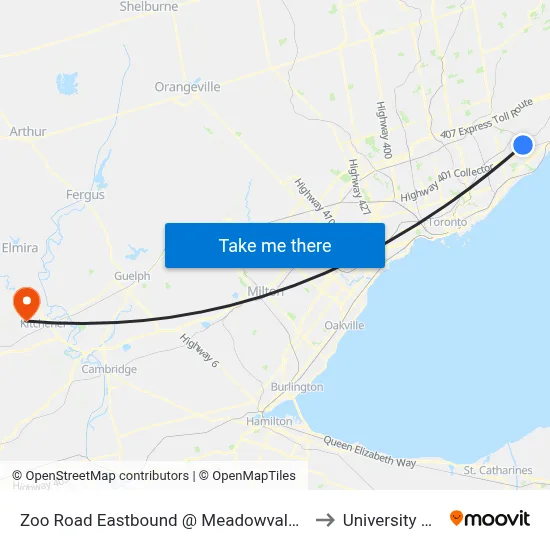 Zoo Road Eastbound @ Meadowvale (Rouge Park Visitor Centre) to University Of Waterloo map
