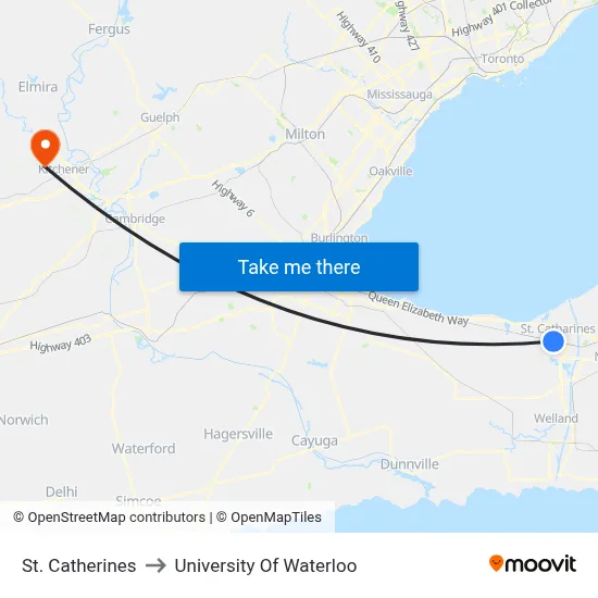 St. Catherines to University Of Waterloo map