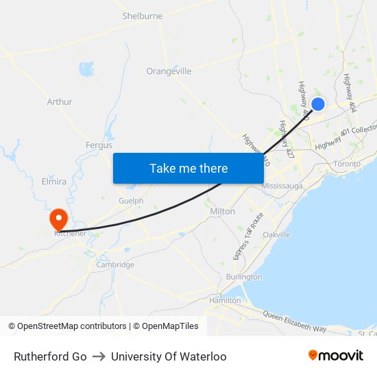 Rutherford Go to University Of Waterloo map