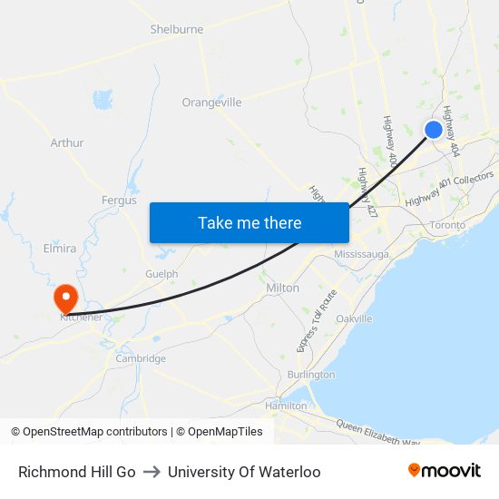 Richmond Hill Go to University Of Waterloo map