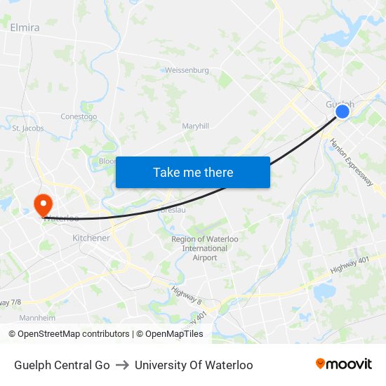 Guelph Central Go to University Of Waterloo map