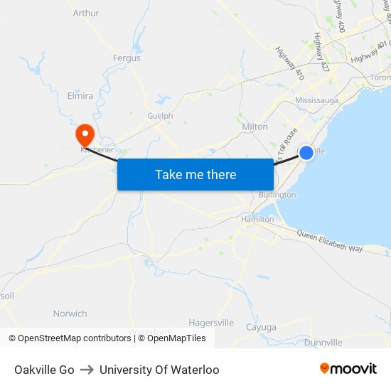 Oakville Go to University Of Waterloo map