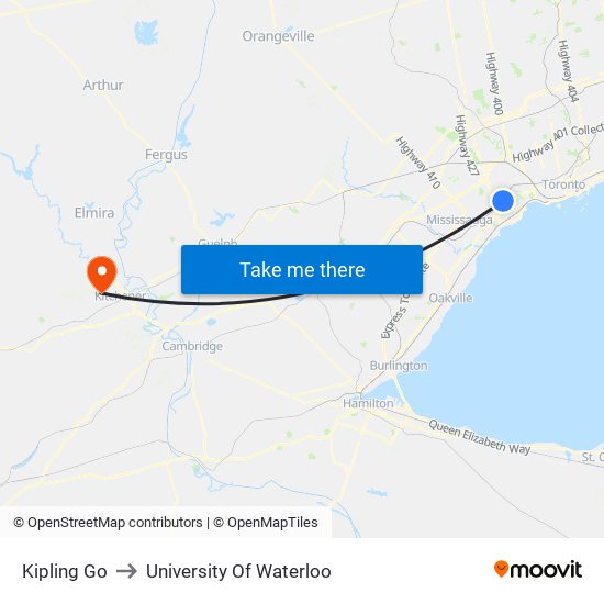 Kipling Go to University Of Waterloo map