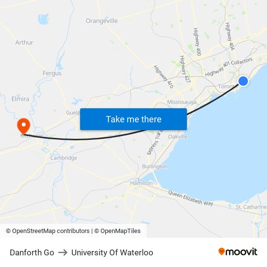 Danforth Go to University Of Waterloo map