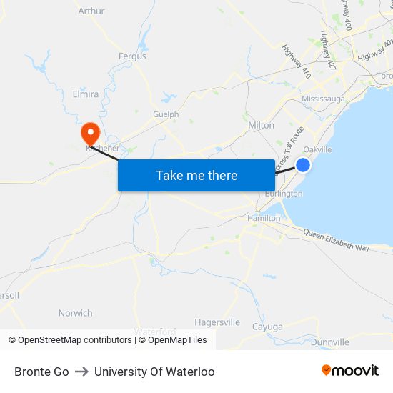 Bronte Go to University Of Waterloo map