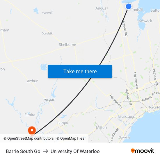 Barrie South Go to University Of Waterloo map