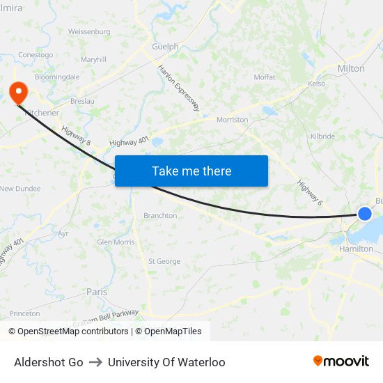 Aldershot Go to University Of Waterloo map