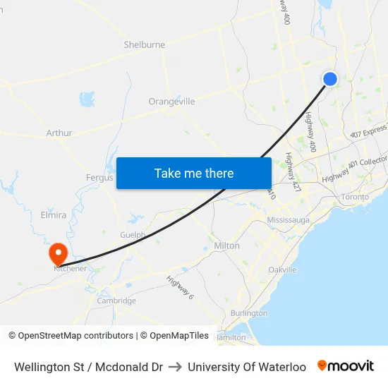 Wellington St / Mcdonald Dr to University Of Waterloo map
