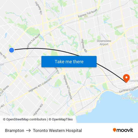 Brampton to Toronto Western Hospital map