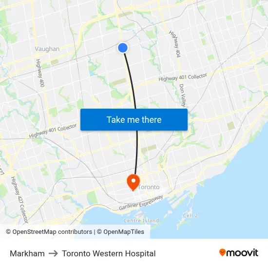 Markham to Toronto Western Hospital map