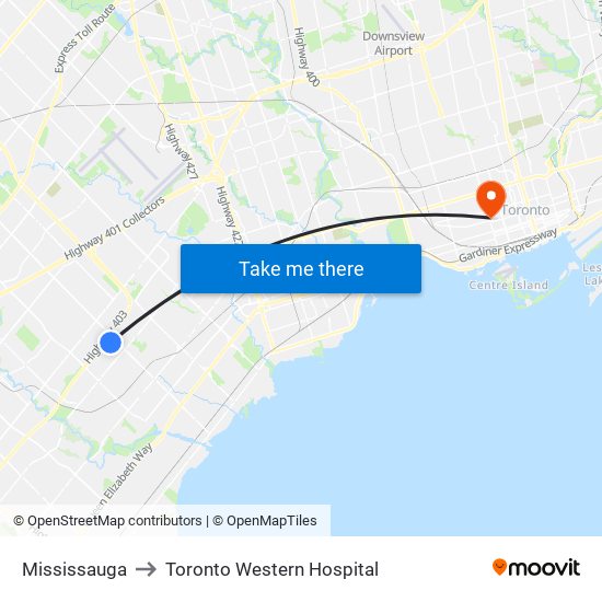 Mississauga to Toronto Western Hospital map