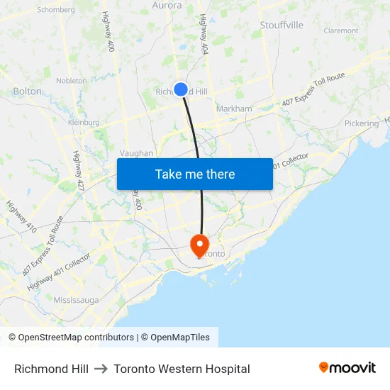 Richmond Hill to Toronto Western Hospital map