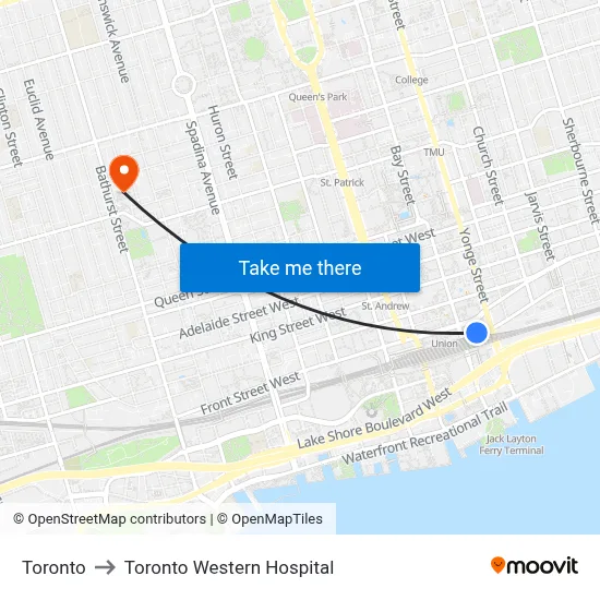 Toronto to Toronto Western Hospital map