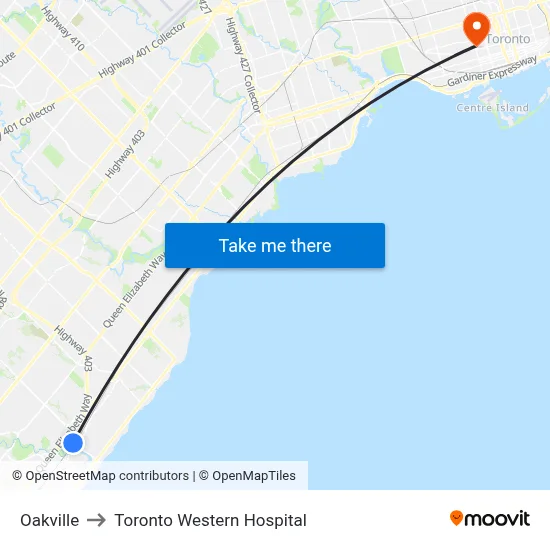 Oakville to Toronto Western Hospital map