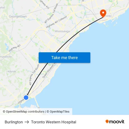 Burlington to Toronto Western Hospital map