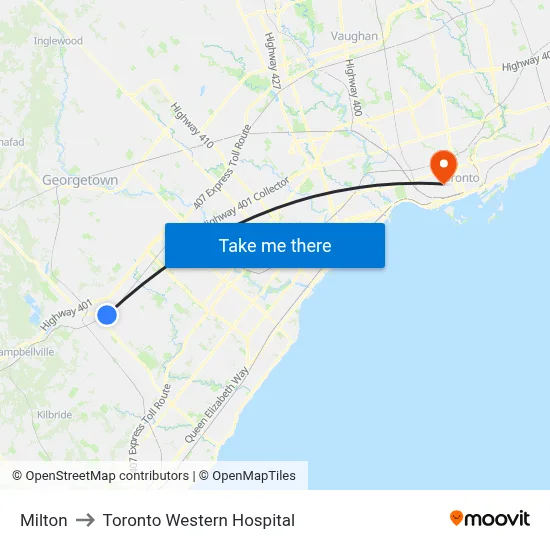 Milton to Toronto Western Hospital map