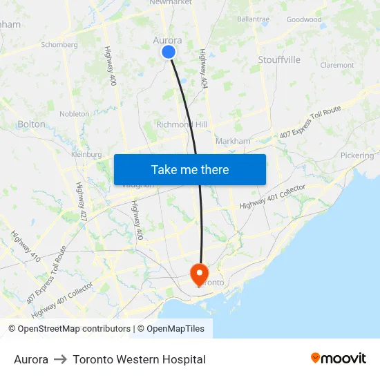 Aurora to Toronto Western Hospital map
