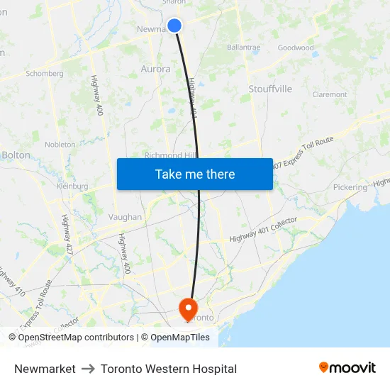 Newmarket to Toronto Western Hospital map