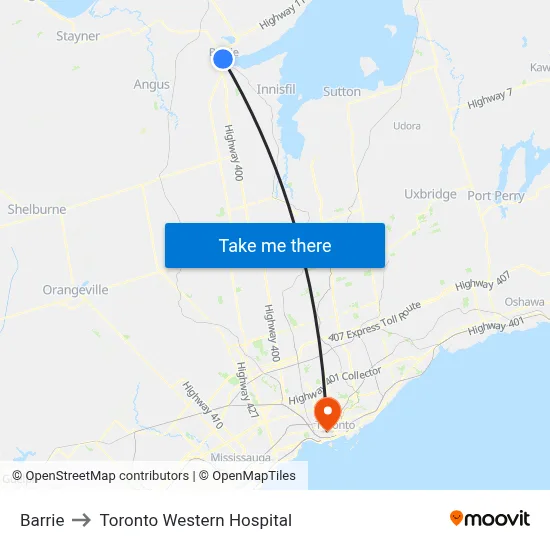 Barrie to Toronto Western Hospital map
