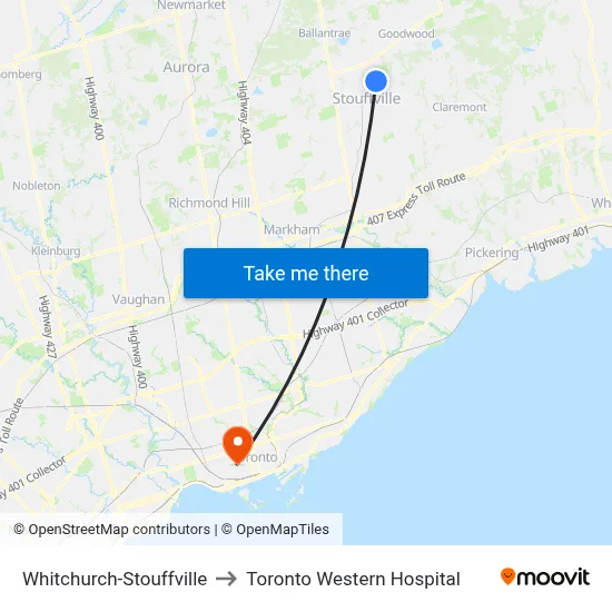 Whitchurch-Stouffville to Toronto Western Hospital map