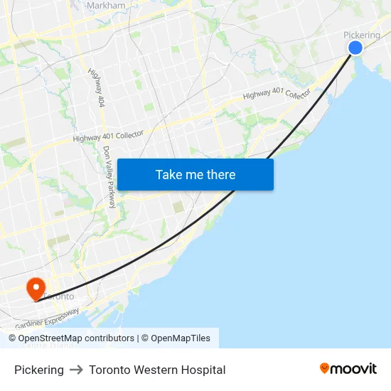 Pickering to Toronto Western Hospital map