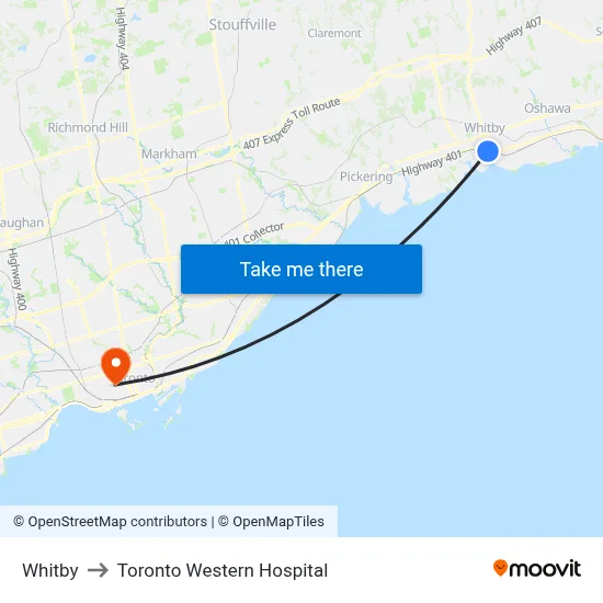 Whitby to Toronto Western Hospital map
