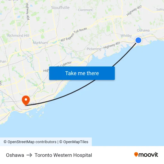 Oshawa to Toronto Western Hospital map