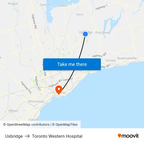 Uxbridge to Toronto Western Hospital map