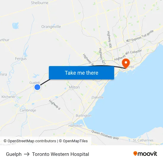 Guelph to Toronto Western Hospital map