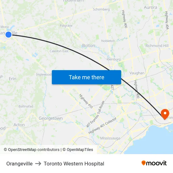 Orangeville to Toronto Western Hospital map
