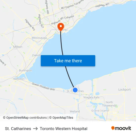 St. Catharines to Toronto Western Hospital map