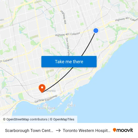 Scarborough Town Centre to Toronto Western Hospital map