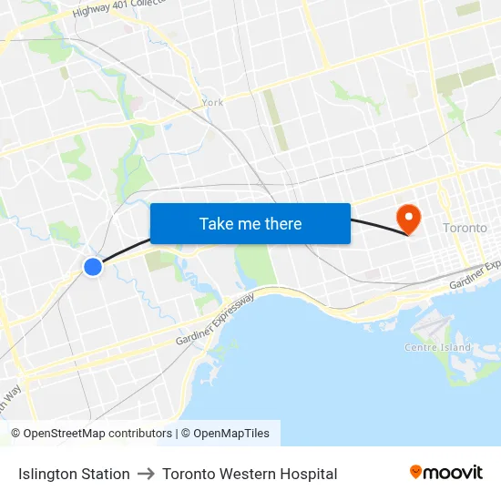 Islington Station to Toronto Western Hospital map