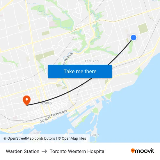 Warden Station to Toronto Western Hospital map